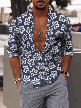 Camisa Casual Para Homens Com Gola Aberta Estampada Camisas Masculinas Azul Marinho Escuro