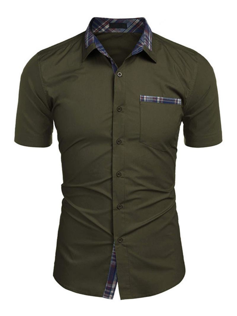 Camisa Casual Para Homens Com Gola Aberta Removível Bloco Cor Verde Caçador Camisas Masculinas - Verde Caçador