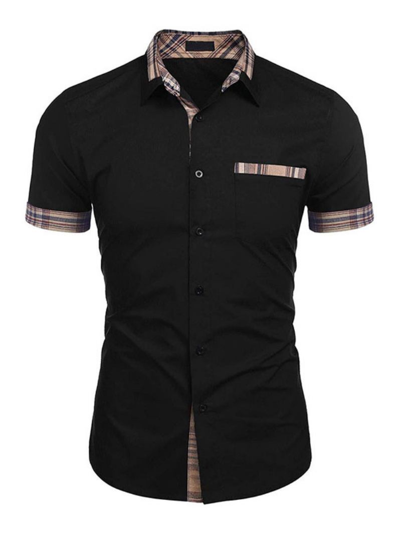 Camisa Casual Para Homens Com Gola Aberta Removível Bloco Cor Verde Caçador Camisas Masculinas - Preto