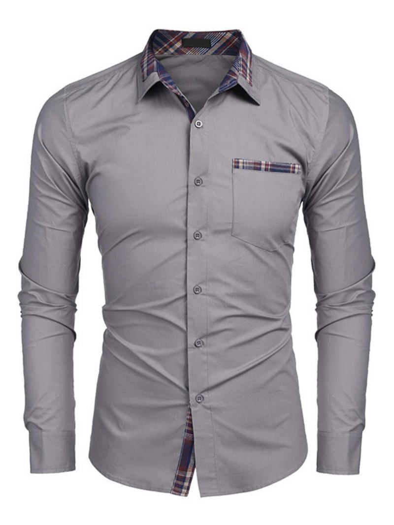 Camisa Casual Para Homens Gola Aberta Bloco Cor Removível Azul Bebê Camisas Masculinas