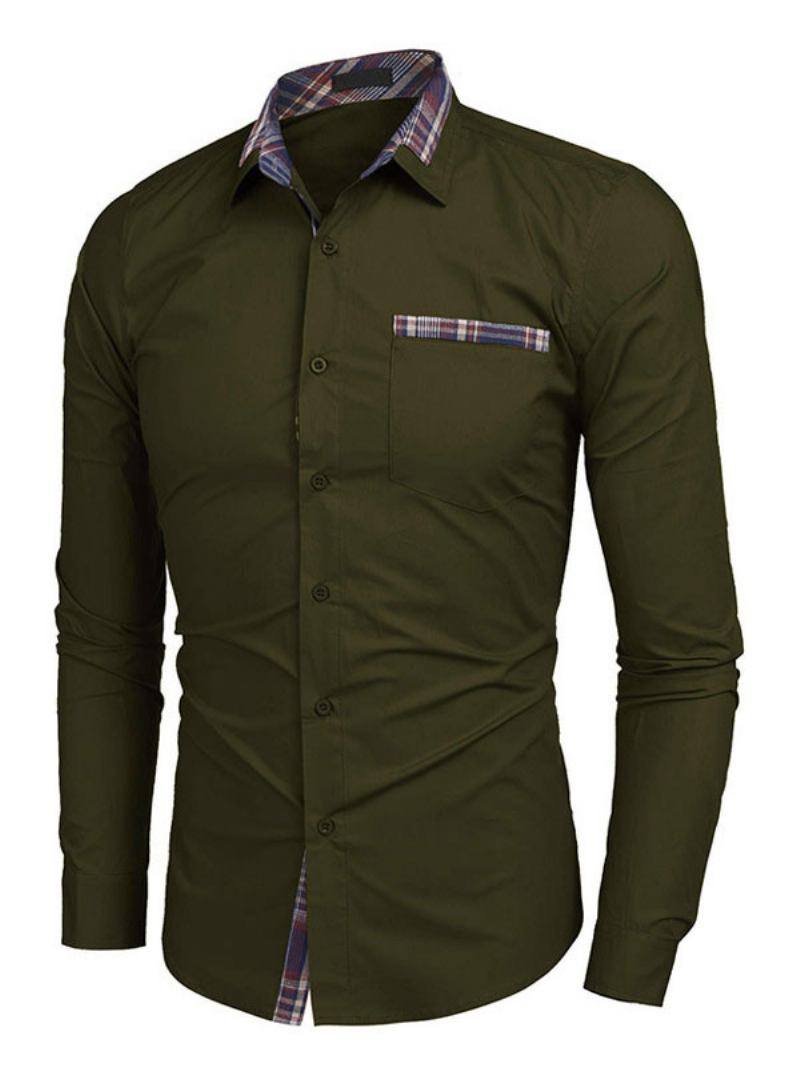 Camisa Casual Para Homens Gola Aberta Bloco Cor Removível Azul Bebê Camisas Masculinas - Verde Caçador