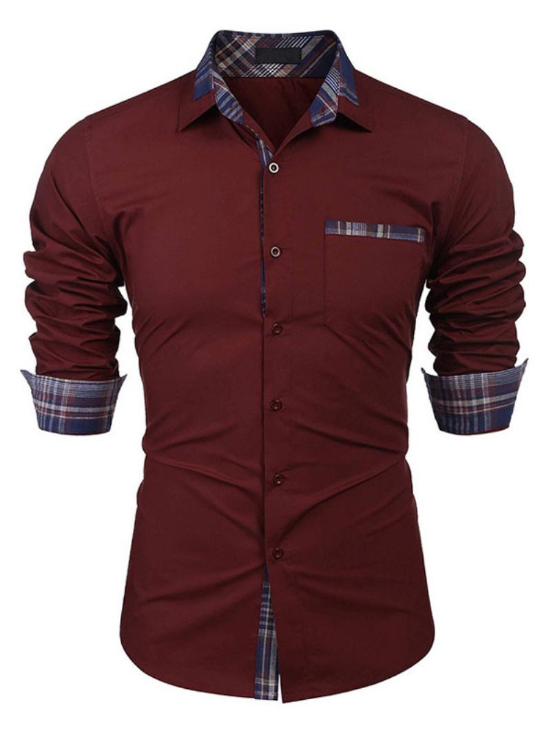 Camisa Casual Para Homens Gola Aberta Bloco Cor Removível Azul Bebê Camisas Masculinas - Borgonha