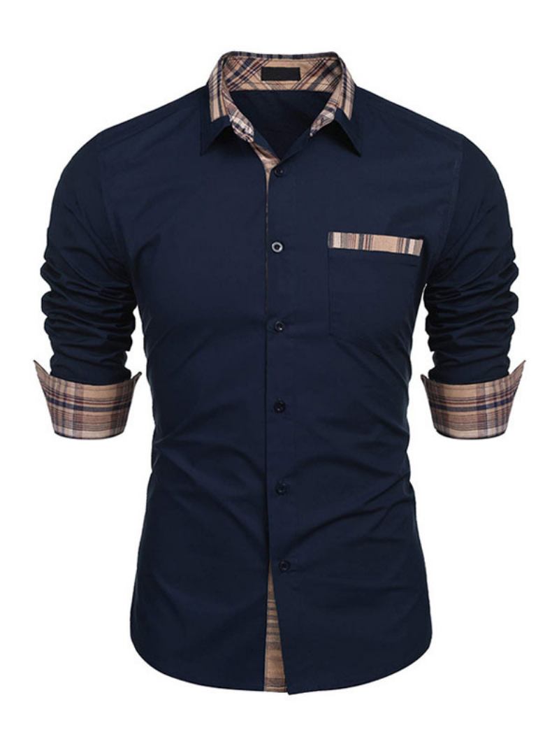 Camisa Casual Para Homens Gola Aberta Bloco Cor Removível Azul Bebê Camisas Masculinas - Marinho Escuro