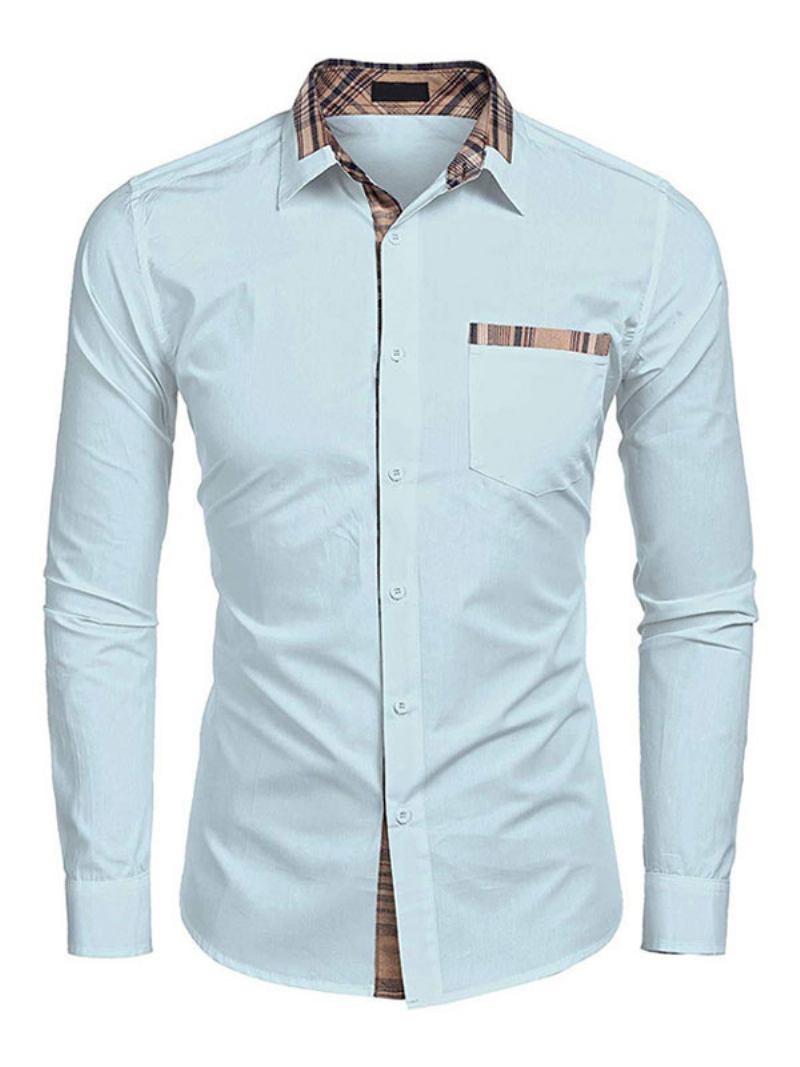 Camisa Casual Para Homens Gola Aberta Bloco Cor Removível Azul Bebê Camisas Masculinas - Azul Bebê