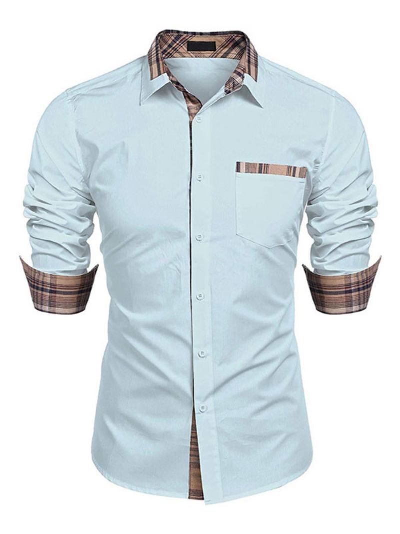 Camisa Casual Para Homens Gola Aberta Bloco Cor Removível Azul Bebê Camisas Masculinas - Azul Bebê