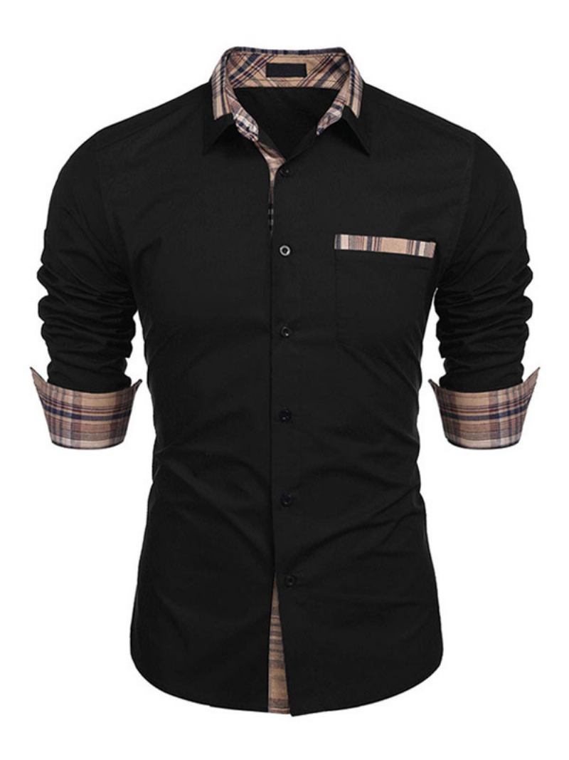 Camisa Casual Para Homens Gola Aberta Bloco Cor Removível Azul Bebê Camisas Masculinas - Preto