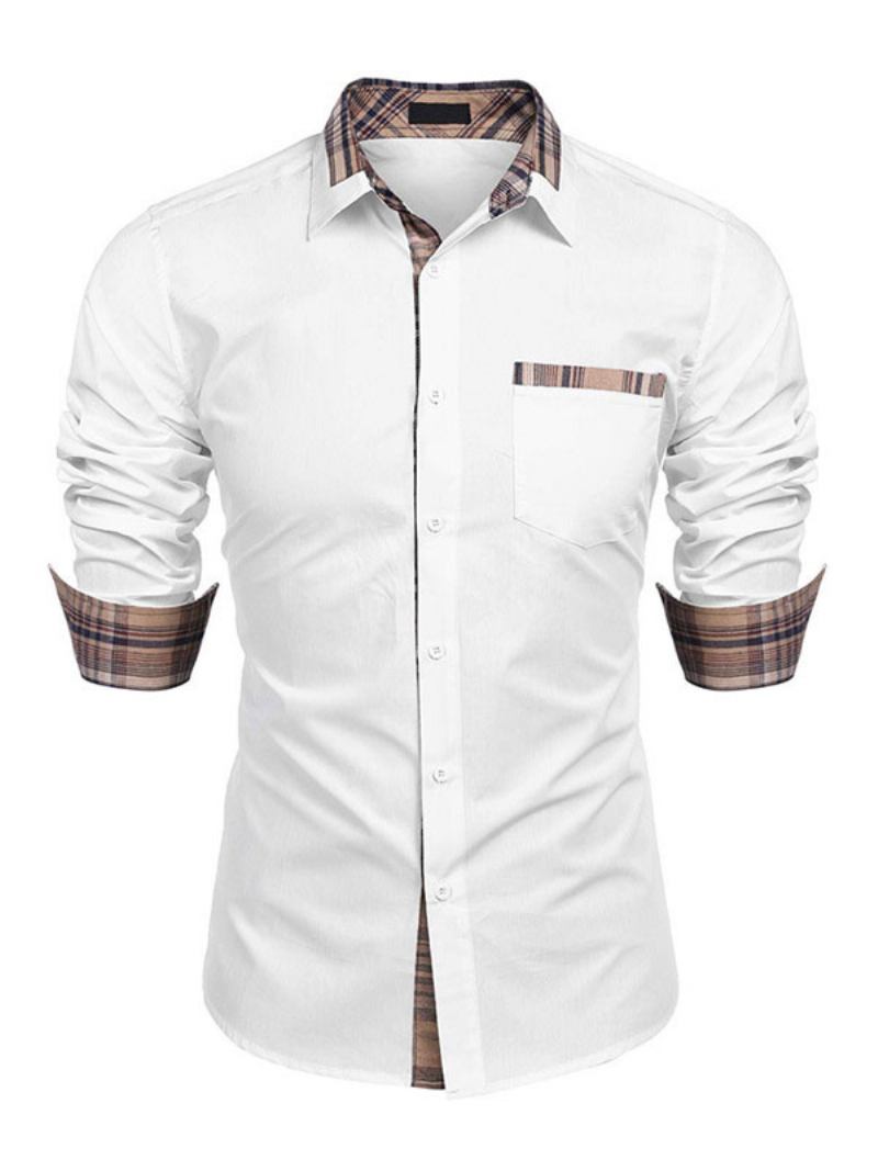 Camisa Casual Para Homens Gola Aberta Bloco Cor Removível Azul Bebê Camisas Masculinas - Branco