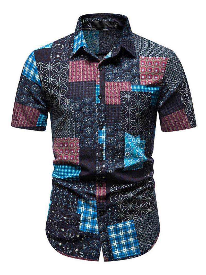 Camisa Casual Para Homens Gola Aberta Chique Geométrica Camisas Masculinas Pretas