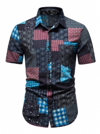 Camisa Casual Para Homens Gola Aberta Chique Geométrica Camisas Masculinas Pretas