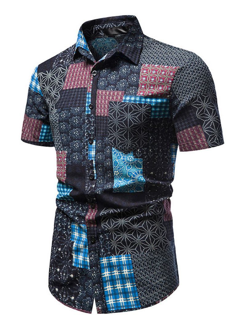 Camisa Casual Para Homens Gola Aberta Chique Geométrica Camisas Masculinas Pretas - Preto