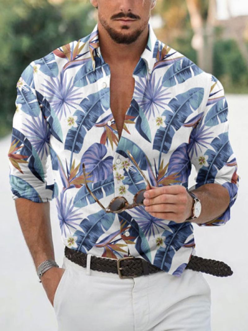 Camisa Casual Para Homens Gola Aberta Floral Estampado Luz Céu Azul Camisas Verão