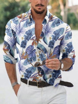 Camisa Casual Para Homens Gola Aberta Floral Estampado Luz Céu Azul Camisas Verão