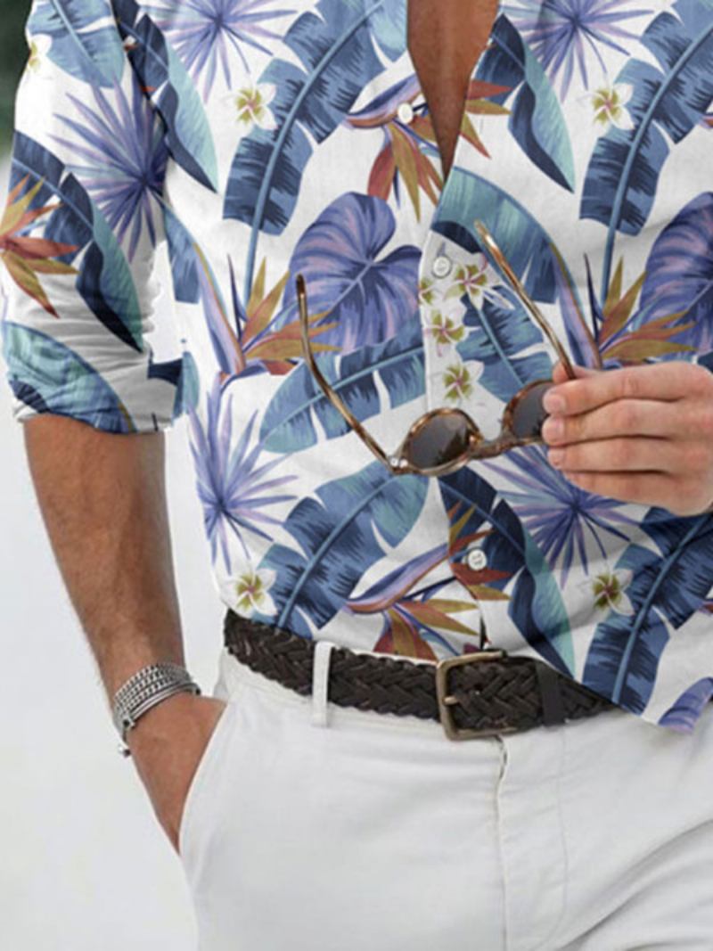 Camisa Casual Para Homens Gola Aberta Floral Estampado Luz Céu Azul Camisas Verão - Azul Céu Claro