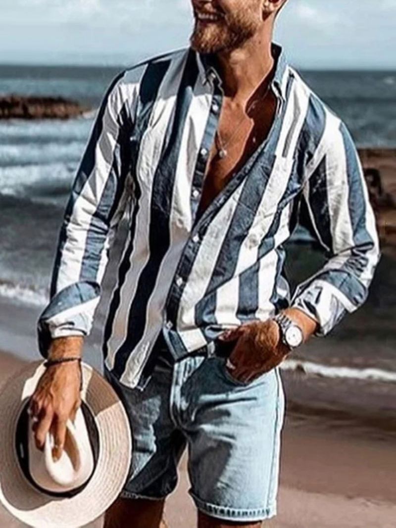 Camisa Casual Para Homens Gola Aberta Mangas Compridas Listras Azul Profundo Camisas Verão Masculinas