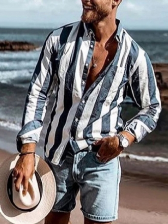 Camisa Casual Para Homens Gola Aberta Mangas Compridas Listras Azul Profundo Camisas Verão Masculinas