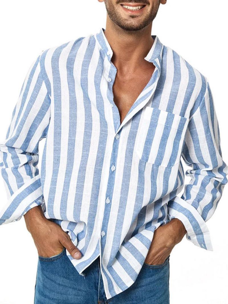 Camisa Casual Para Homens Gola Aberta Mangas Compridas Listras Azul Profundo Camisas Verão Masculinas - Azul Céu Claro 