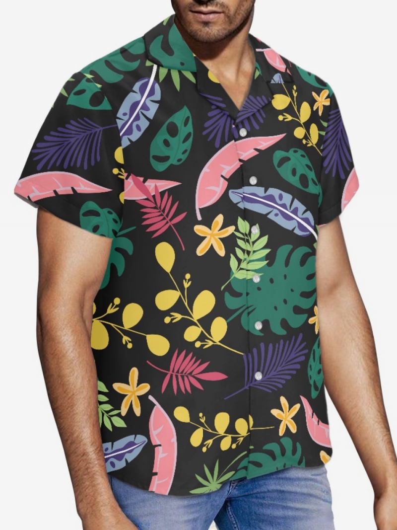 Camisa Casual Para Homens Tropical Estampado Top Masculino - Preto