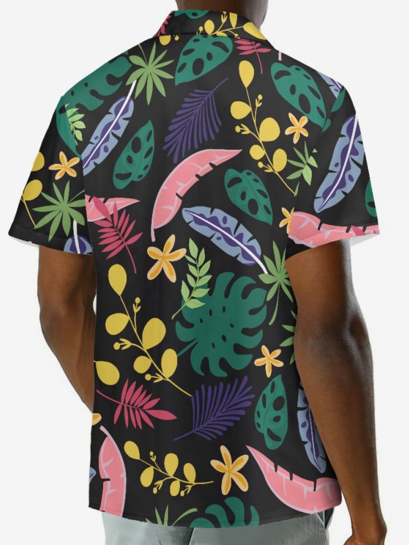 Camisa Casual Para Homens Tropical Estampado Top Masculino - Preto