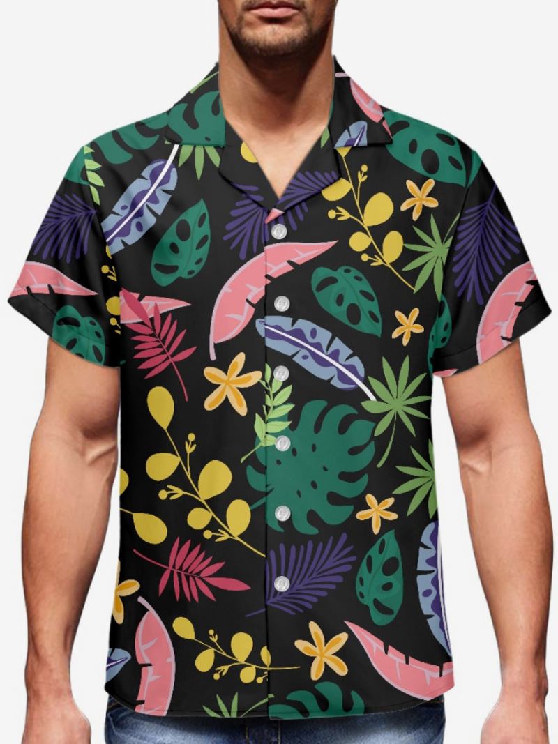 Camisa Casual Para Homens Tropical Estampado Top Masculino - Preto