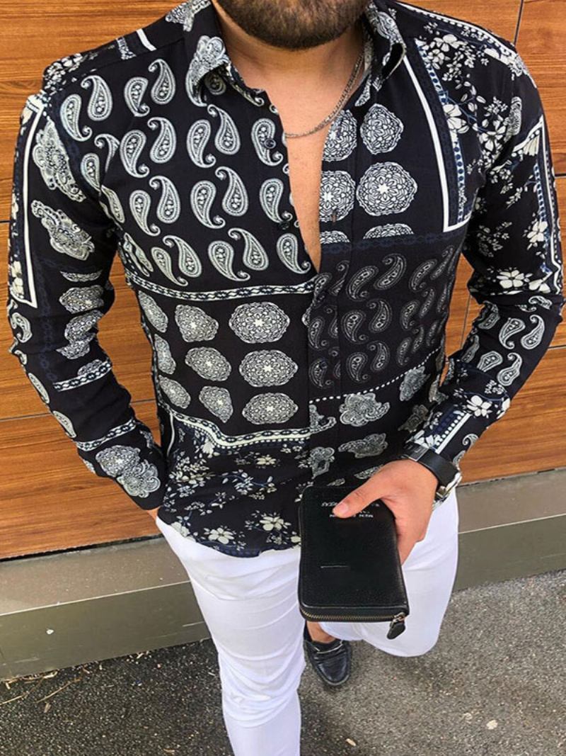 Camisa Masculina Casual Com Gola Aberta Estampada Manga Comprida Camisas Masculinas Pretas Verão