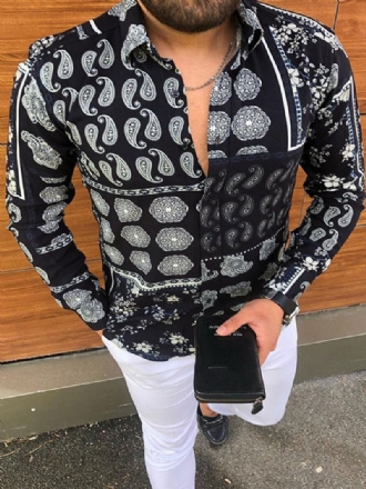 Camisa Masculina Casual Com Gola Aberta Estampada Manga Comprida Camisas Masculinas Pretas Verão