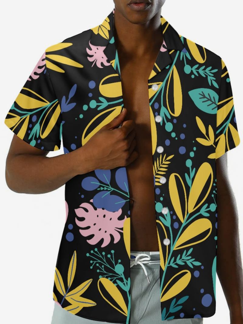 Camisa Masculina Manga Curta Havaiana Com Estampa Plantas Para Férias