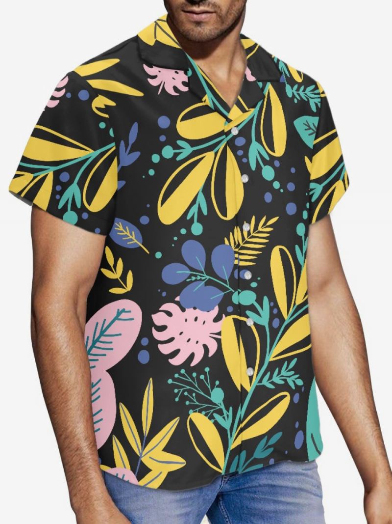 Camisa Masculina Manga Curta Havaiana Com Estampa Plantas Para Férias - Preto