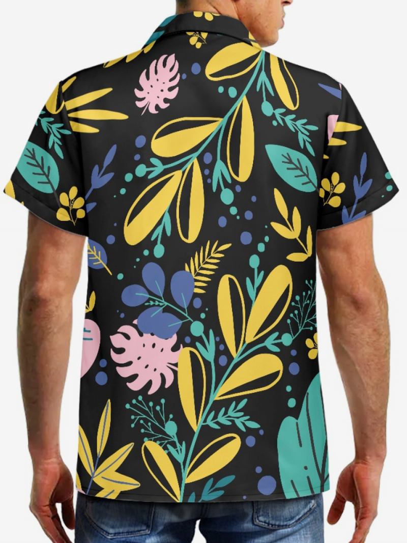 Camisa Masculina Manga Curta Havaiana Com Estampa Plantas Para Férias - Preto