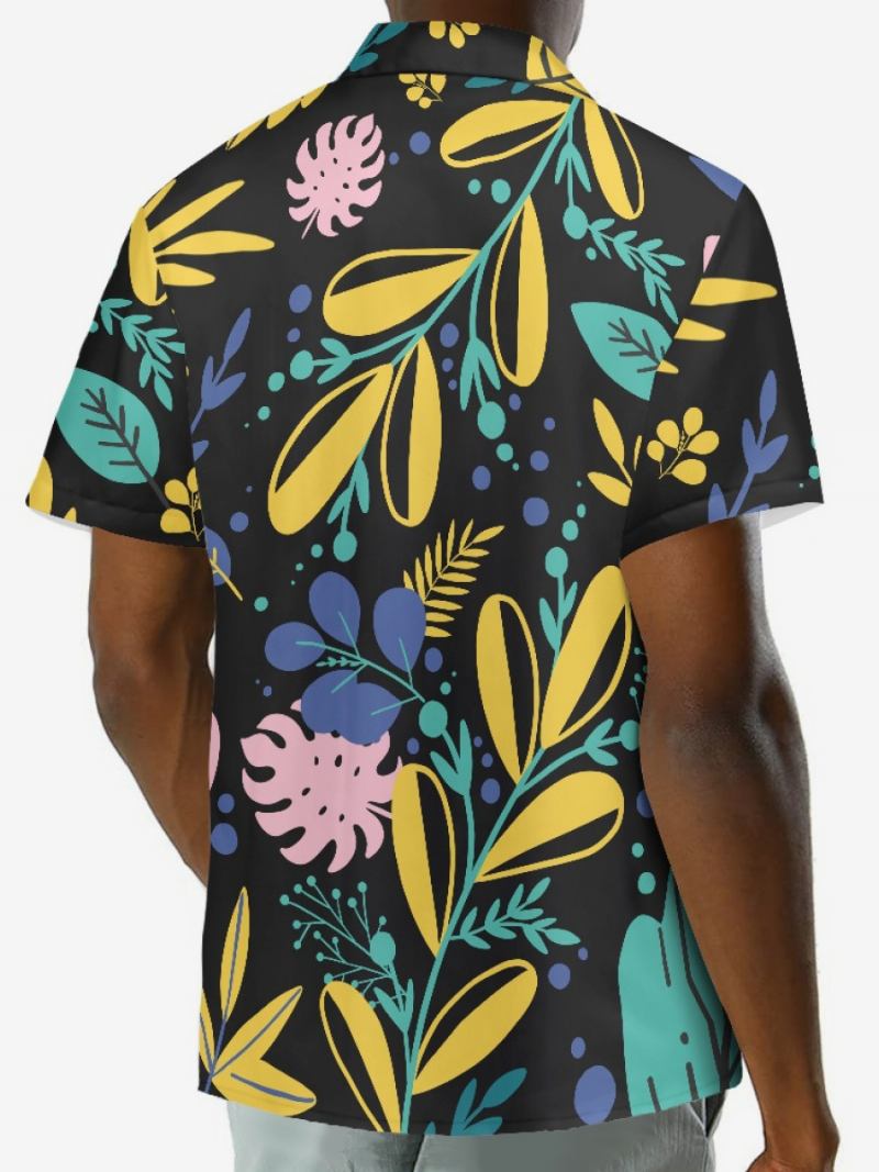 Camisa Masculina Manga Curta Havaiana Com Estampa Plantas Para Férias - Preto