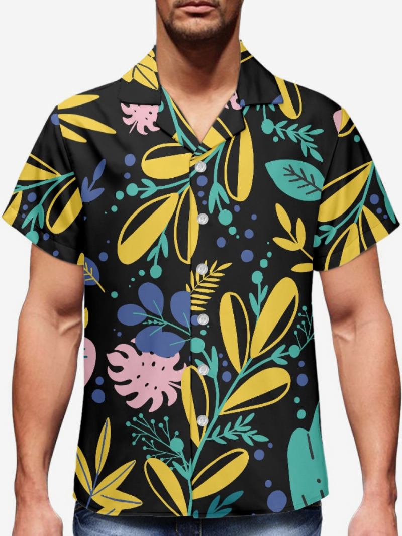 Camisa Masculina Manga Curta Havaiana Com Estampa Plantas Para Férias - Preto