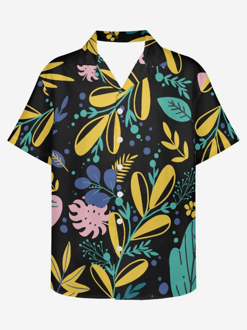 Camisa Masculina Manga Curta Havaiana Com Estampa Plantas Para Férias - Preto