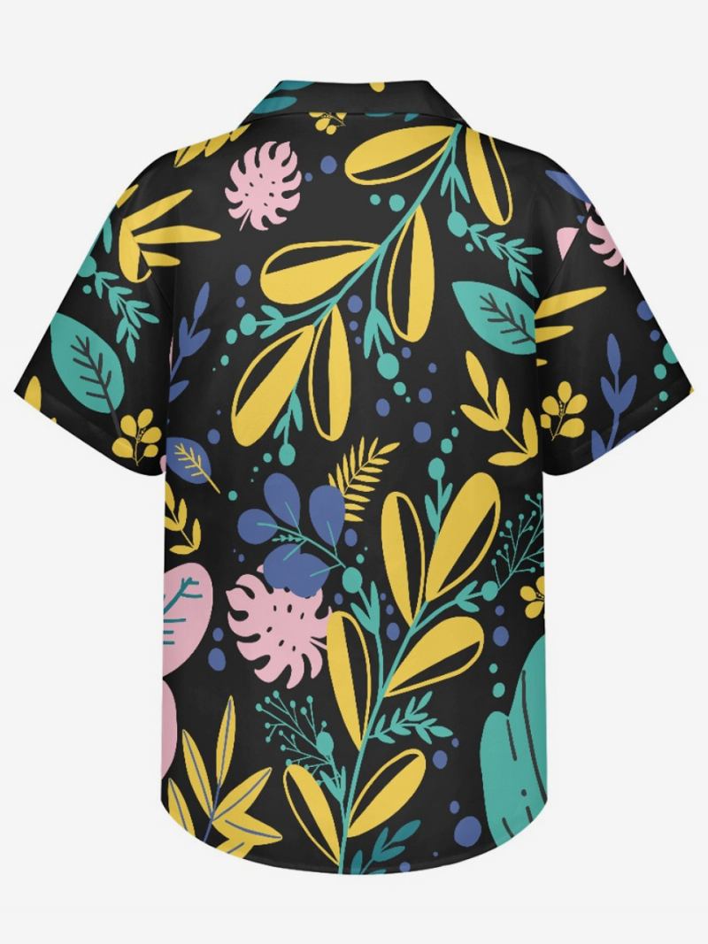 Camisa Masculina Manga Curta Havaiana Com Estampa Plantas Para Férias - Preto