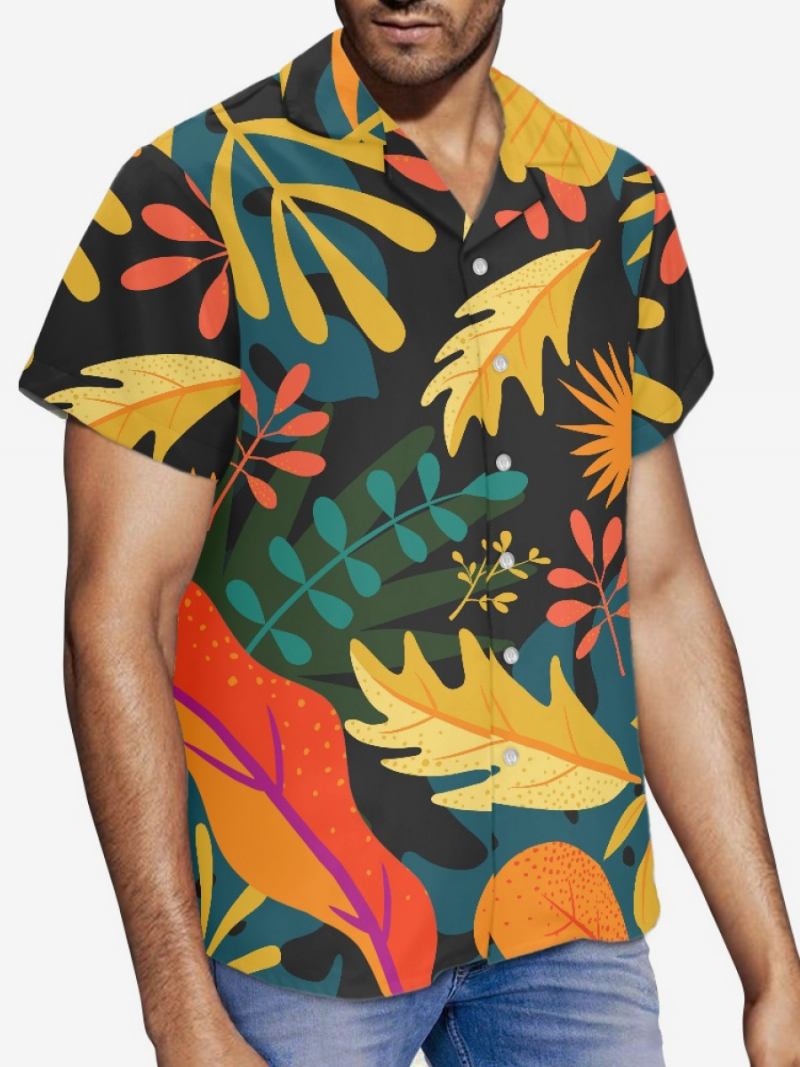 Camisa Masculina Manga Curta No Havaí Com Estampa Tropical Top Férias - Preto