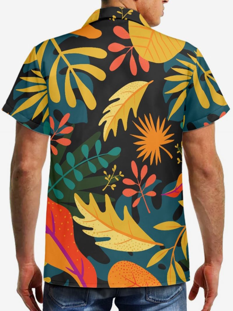 Camisa Masculina Manga Curta No Havaí Com Estampa Tropical Top Férias - Preto