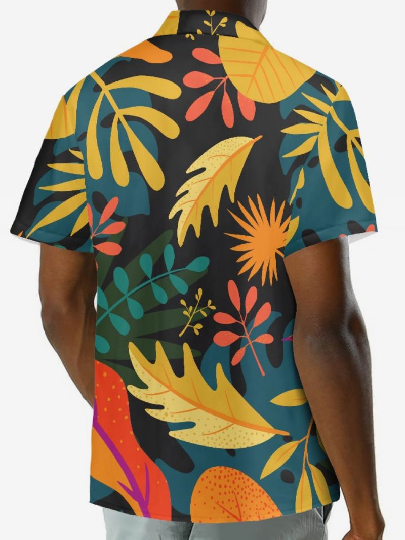 Camisa Masculina Manga Curta No Havaí Com Estampa Tropical Top Férias - Preto