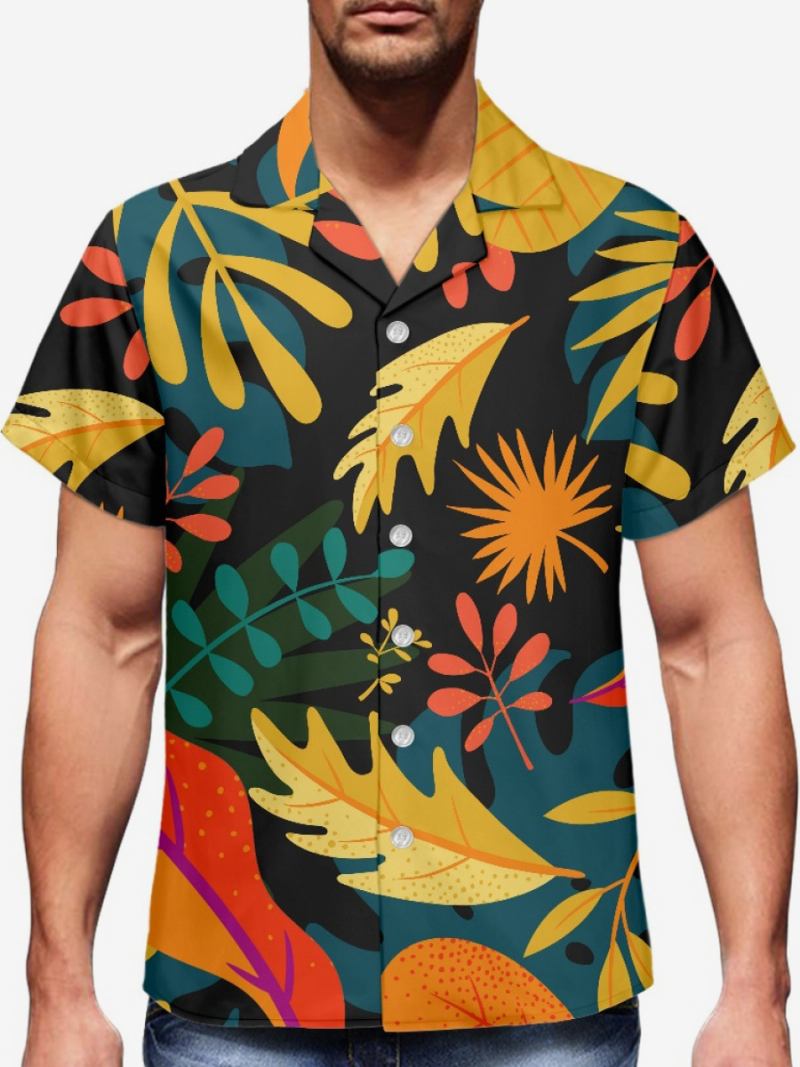 Camisa Masculina Manga Curta No Havaí Com Estampa Tropical Top Férias - Preto