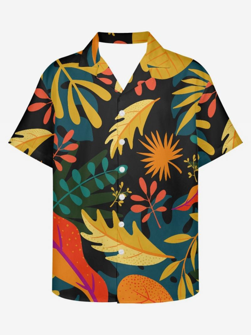 Camisa Masculina Manga Curta No Havaí Com Estampa Tropical Top Férias - Preto