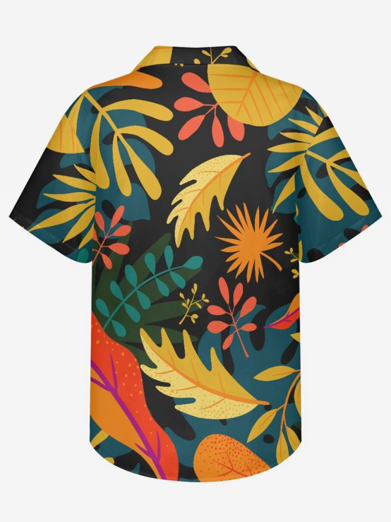 Camisa Masculina Manga Curta No Havaí Com Estampa Tropical Top Férias - Preto