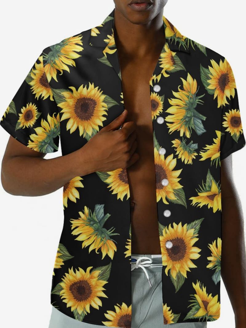 Camisas Havaianas Funky Masculinas Manga Curta Férias Verão Girassol Estampado Praia Casual Camisa Havaiana