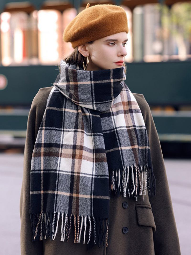 Cachecol Clássico Xadrez Padrão Grosso Outono Inverno Para Mulheres - Preto