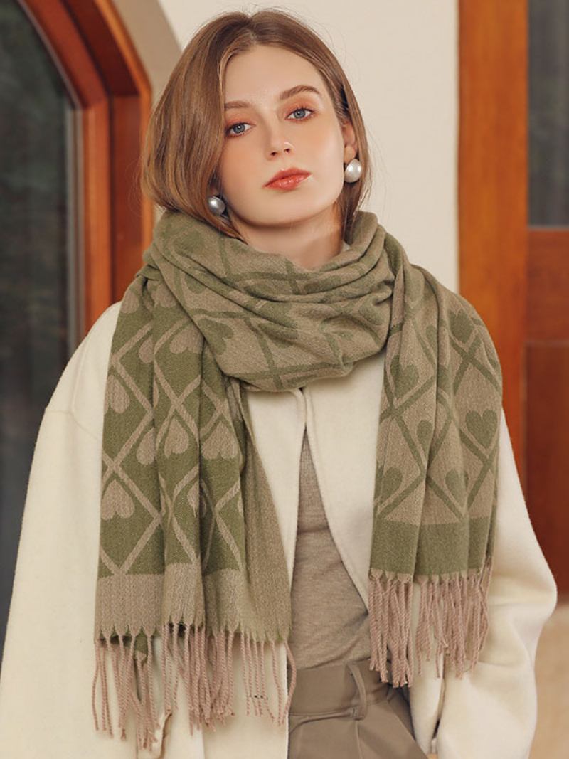 Lenço Feminino Lindo Xadrez Franja Fibra Inverno Quente Cachecóis Longos - Verde