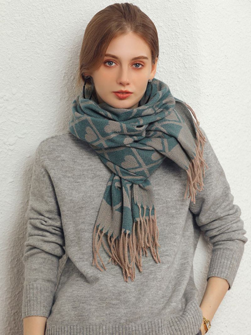 Lenço Feminino Lindo Xadrez Franja Fibra Inverno Quente Cachecóis Longos - Teal