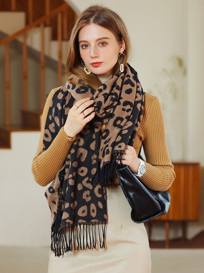 Lenço Feminino Moda Leopardo Impressão Franja Fibra Inverno Cachecóis Quentes - Preto