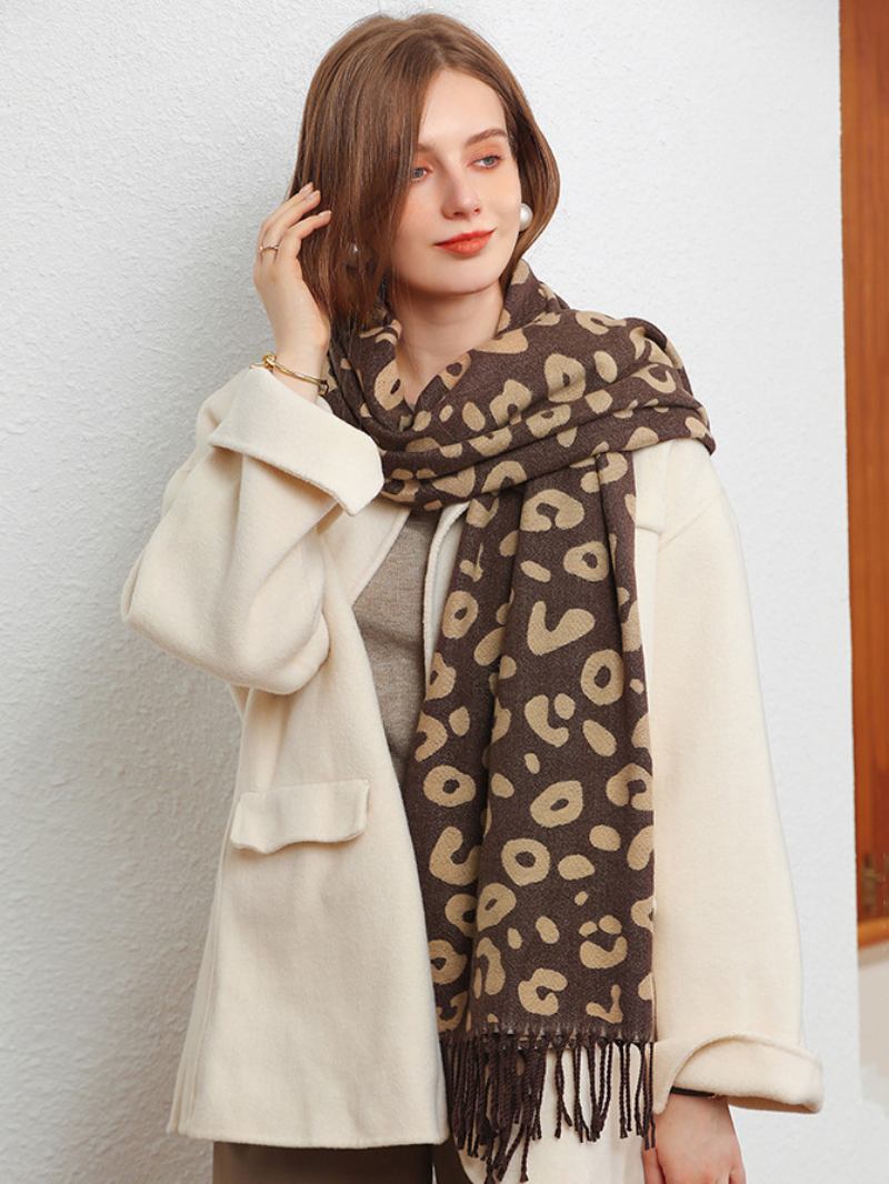 Lenço Feminino Moda Leopardo Impressão Franja Fibra Inverno Cachecóis Quentes - Cáqui