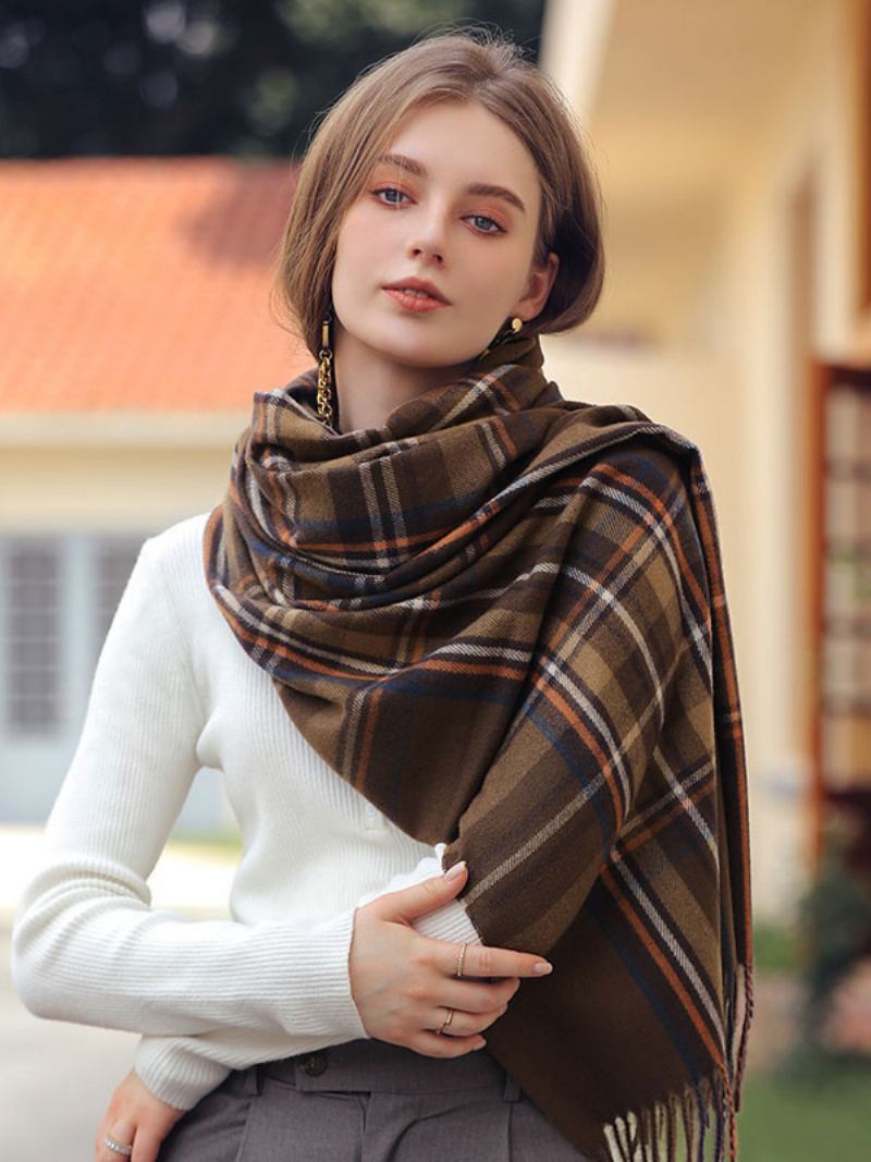 Lenço Feminino Xadrez Franja Fibra Inverno Quente Cachecóis Longos - Cáqui