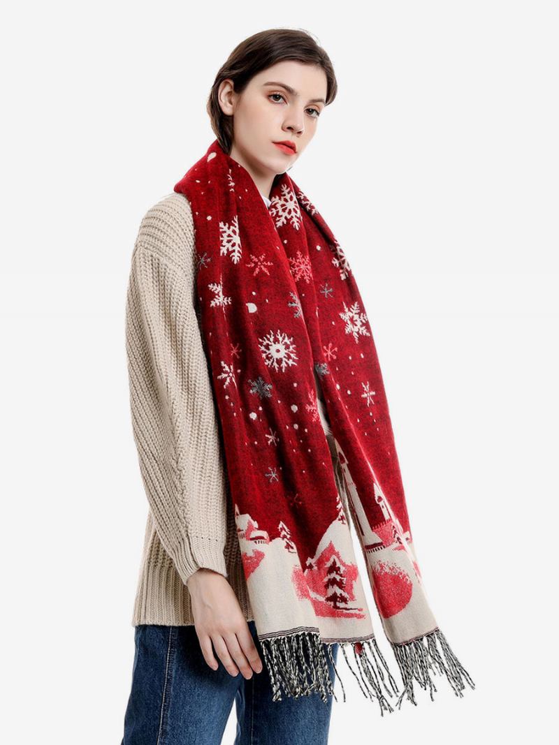 Lenço Para Mulheres Moda Natal Padrão Franja Inverno Quente Acc - Vermelho 