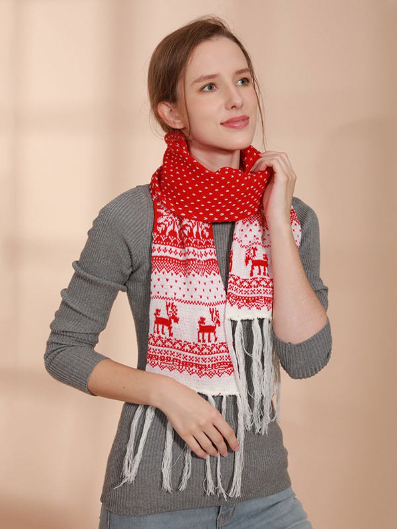 Lenço Para Mulheres Natal Padrão Franja Inverno Quente Acc - Vermelho Turo