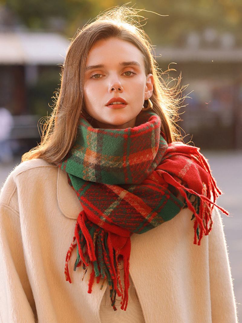 Lenço Xadrez Vintage Com Franjas Outono Inverno Para Mulheres