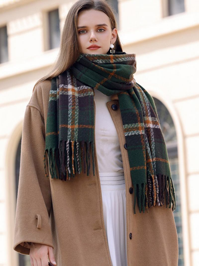 Lenço Xadrez Vintage Com Franjas Outono Inverno Para Mulheres - Verde