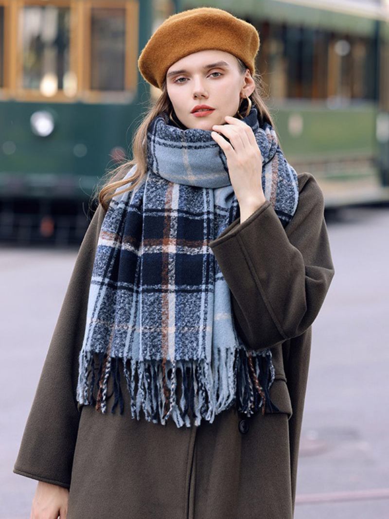 Lenço Xadrez Vintage Com Franjas Outono Inverno Para Mulheres - Azul Céu Claro